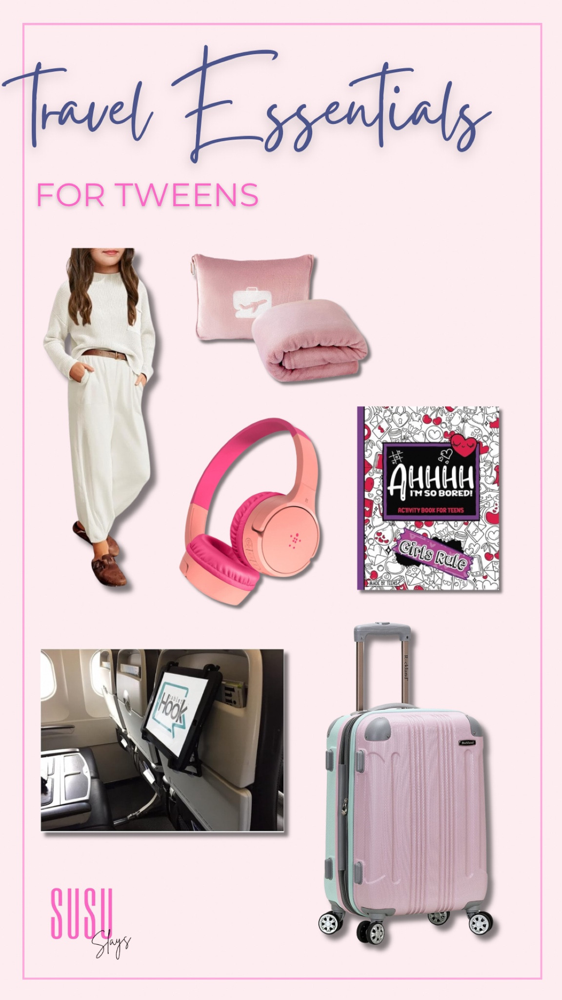 Travel essentials for tweens! 

Teen travel outfit, teen coloring book, luggage for teens, travel blanket and pillow set, airplane tablet holder, wireless headphones

#LTKfamily #LTKstyletip #LTKtravel