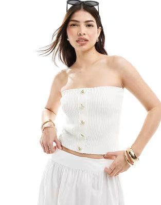 4th & Reckless ribbed knit bandeau gold button detail top in off white | ASOS (Global)