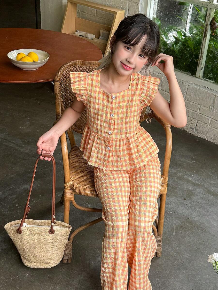 SHEIN Vintaside Kids Tween Girl Rural Style Plaid Outfit With Ruffle Hem | SHEIN