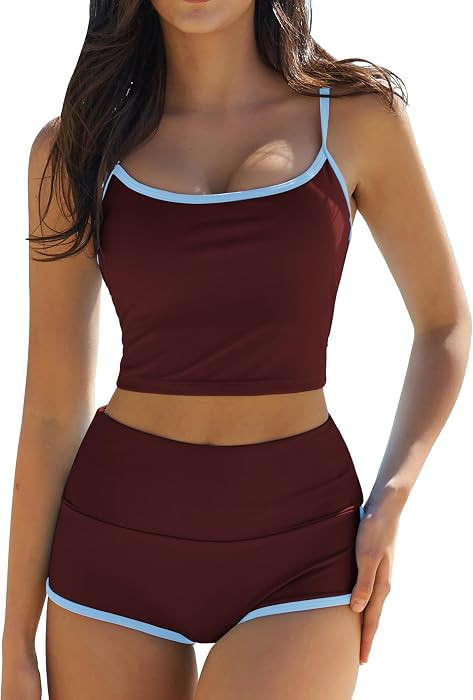 QINSEN Women's Two Piece Swimsuit Spaghetti Strap Crop Top with High Wasited Boyshort Style Bikin... | Amazon (US)