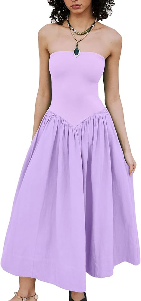 Womens Strapless Maxi Dress 2025 Summer Sleeveless Backless Patchwork A Line Flowy Solid Elegant ... | Amazon (US)