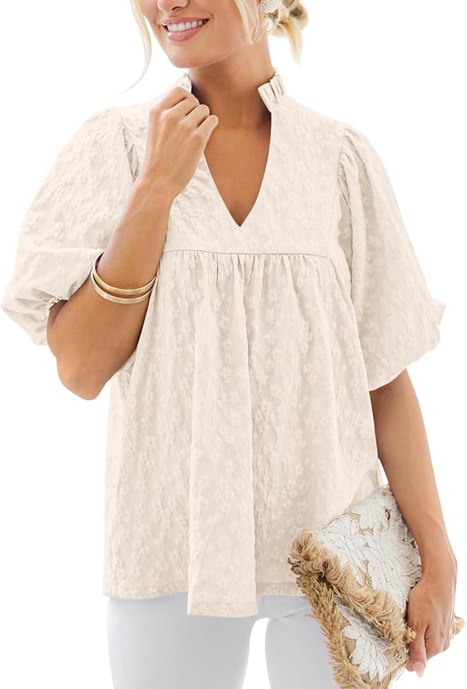 MASCOMODA Womens Summer Tops 2025 Ruffle V Neck Blouses Loose Puff Short Sleeve Jacquard Babydoll... | Amazon (US)