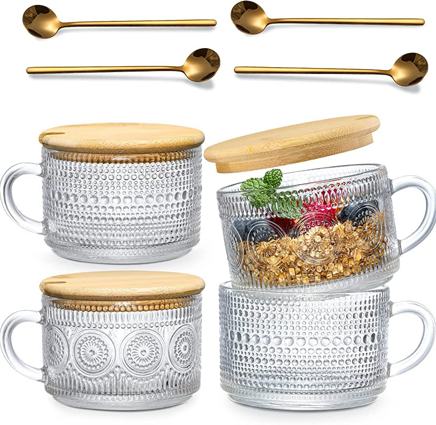 4pcs Set Vintage Coffee Mugs, Overnight Oats Containers with Bamboo Lids and Spoons - 14oz Clear ... | Amazon (US)
