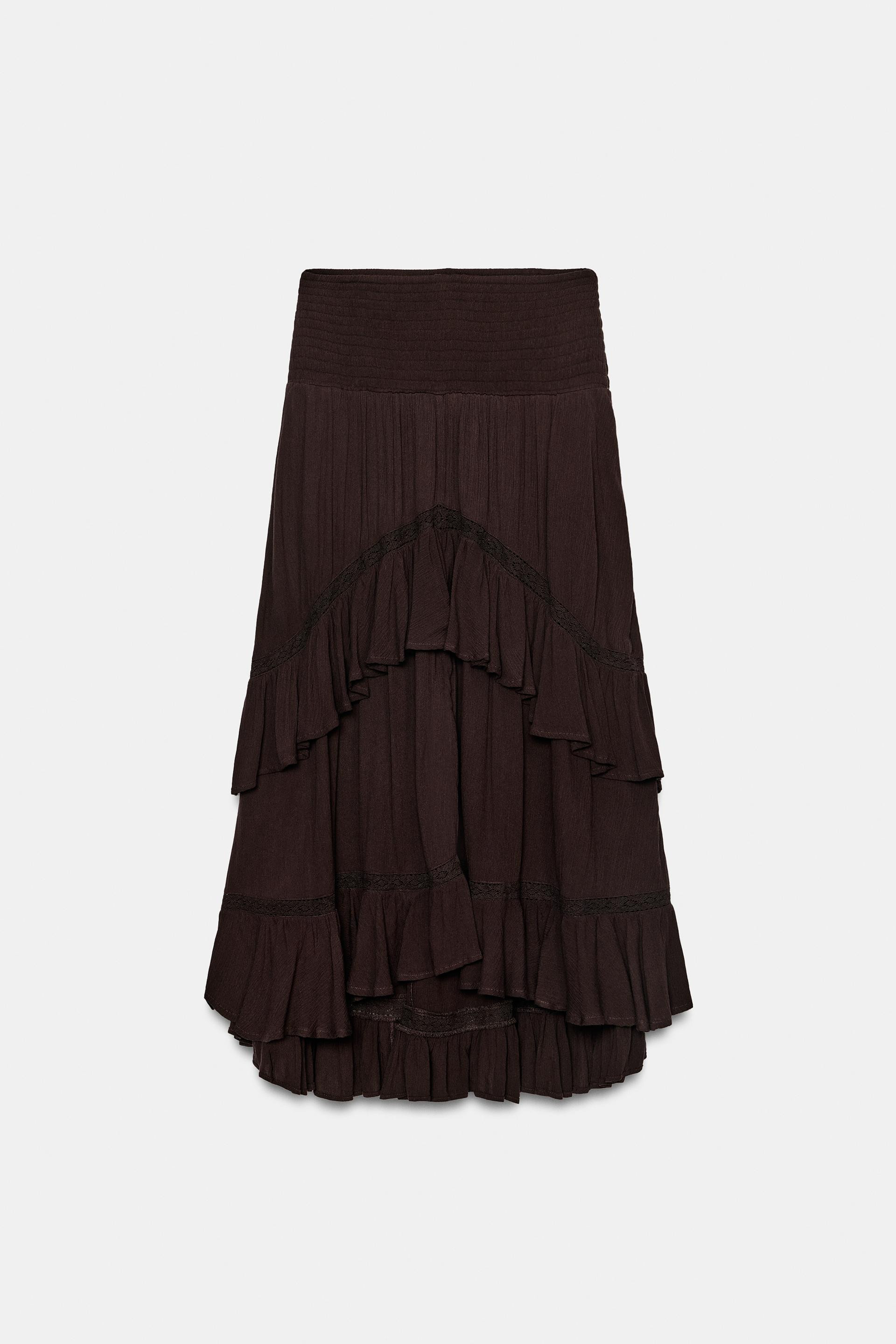 Zara - Ruffled Midi Skirt - Brown - S - Woman | Zara US
