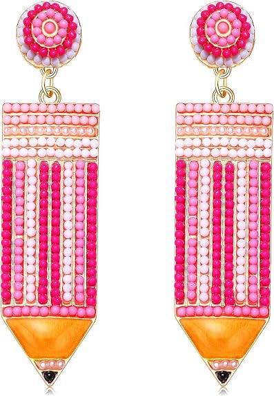 Teacher Earrings Beaded Pencil Earrings for Women Handmade Beaded Dangle Drop Earrings Back To Sc... | Amazon (US)