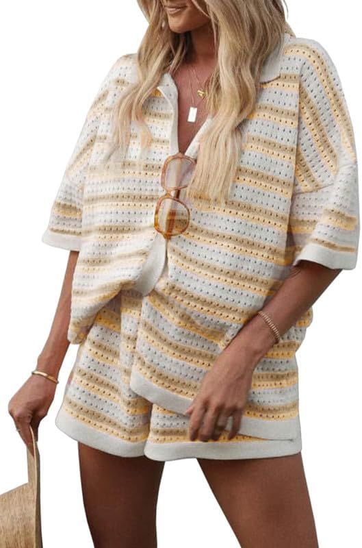 Women Casual Knitted Pajamas Set Two Piece Loungewear Set Short Sleeve Crochet Striped T-Shirt Sh... | Amazon (US)