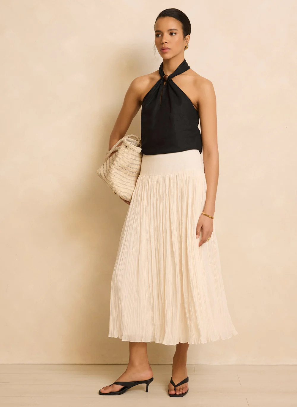 Cream Drop Waist Crinkle Midi Skirt | Mint Velvet