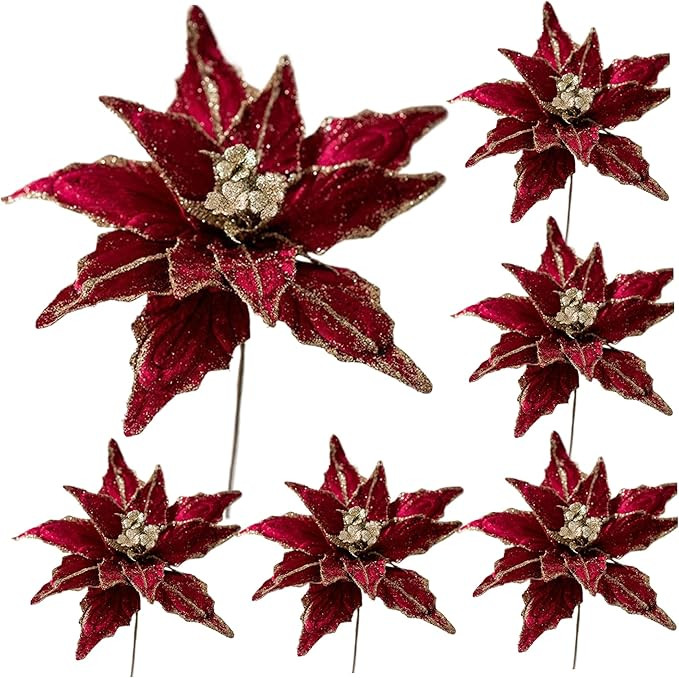6PCS Poinsettia Flowers Artificial 11 Inch Lifelike Christmas Flowers Soft Artificial Flowers wit... | Amazon (US)