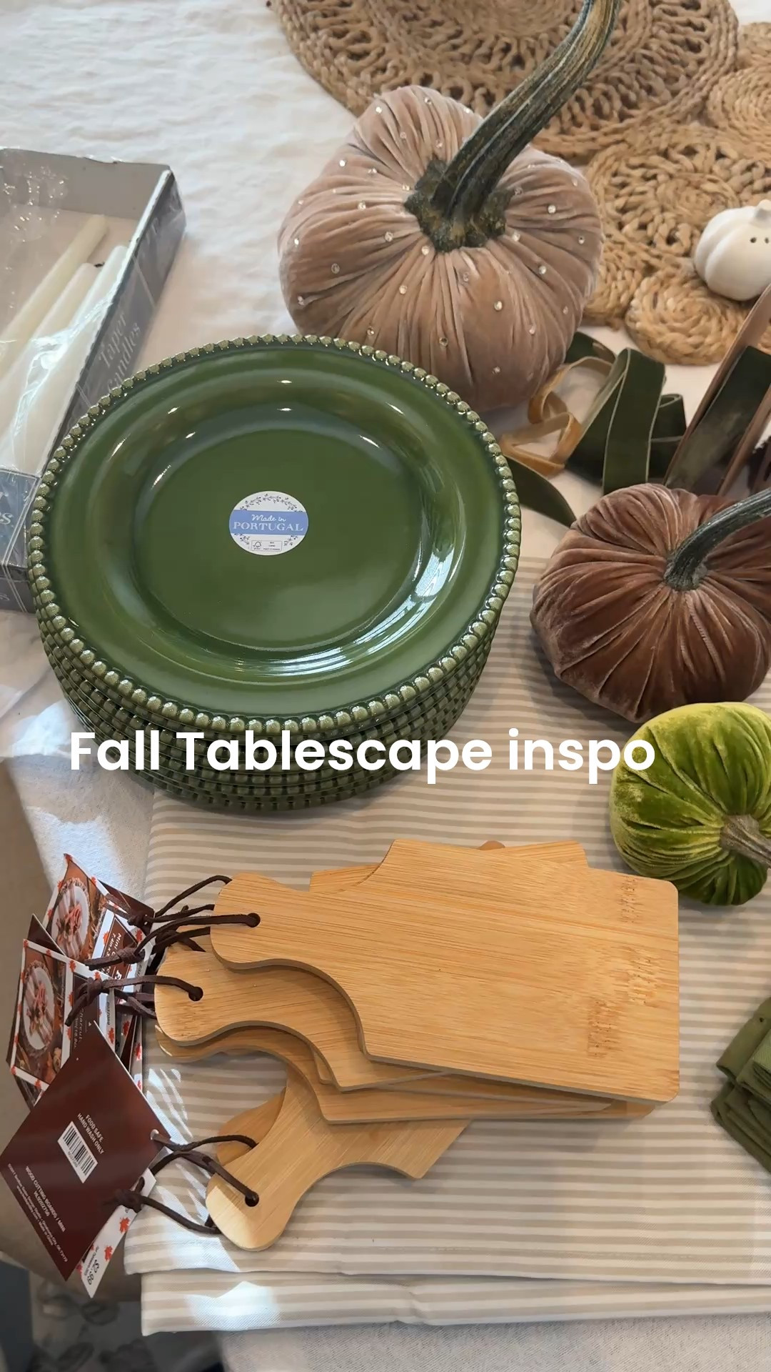 Fall Tablescape inspiration🍂🍽️

-Handmade one of a kind velvet pumpkins with real stems by hot skash

Striped ticking washable table cloth by Table06

Asst Velvet ribbons  & white candle tapers Amazon 

Homegood finds green salad plates made in Portugal matceamica stone wear (linked similar)

Set of 4  green linen napkins (I bought 2 sets) Amazon find

Hobby lobby little wooden cutting boards (cheese board) 
Perfect individual charcuterie or dessert boards (linked similar) 

#LTKFindsUnder50 #LTKHome #LTKStyleTip