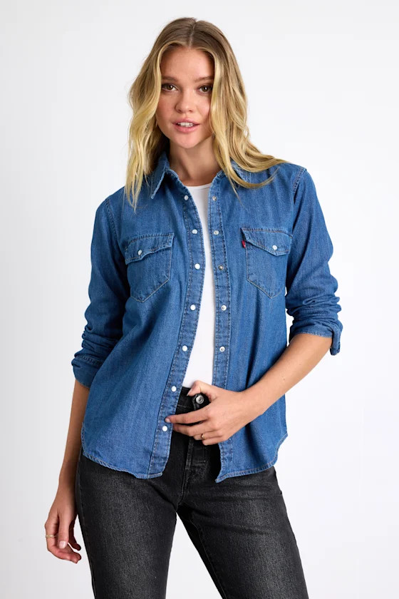 Iconic Medium Wash Chambray Button-Front Long Sleeve Top | Lulus