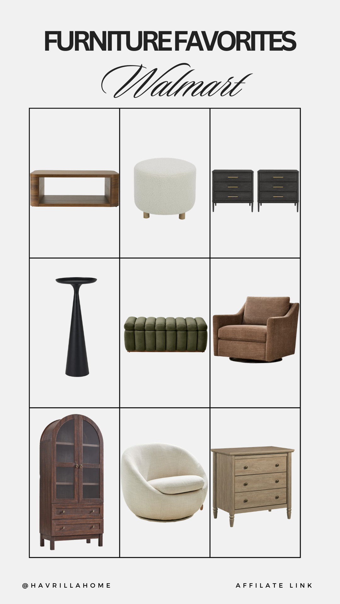 Walmart furniture finds, affordable furniture favorites, modern wood console table, boucle ottoman stool, black nightstands with brass hardware, pedestal side table, green upholstered bench, brown swivel accent chair, arched wood cabinet, cream lounge chair, wood three drawer dresser, budget friendly home furniture, designer look for less furniture 

 

#LTKHome