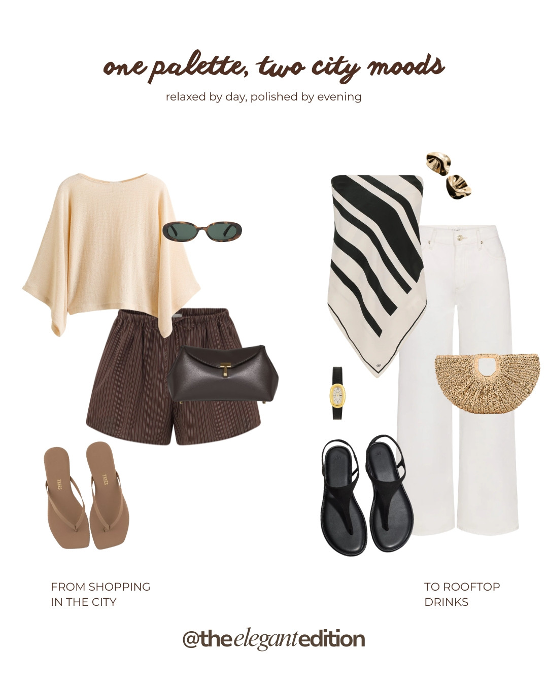 ONE PALETTE, TWO CITY MOODS 🤍🤎 — Relaxed by day, polished by evening. Day: cream knit top, brown pinstripe shorts, dark brown clutch and nude flip flops. Evening: white wide-leg jeans, striped silk scarf, woven bag and black sandals.
#LTKsummer #LTKeurope #LTKtravel #citybreak #summeroutfit #oldmoney #quietluxury 

 #LTKeurope #LTKtravel #LTKstyletip