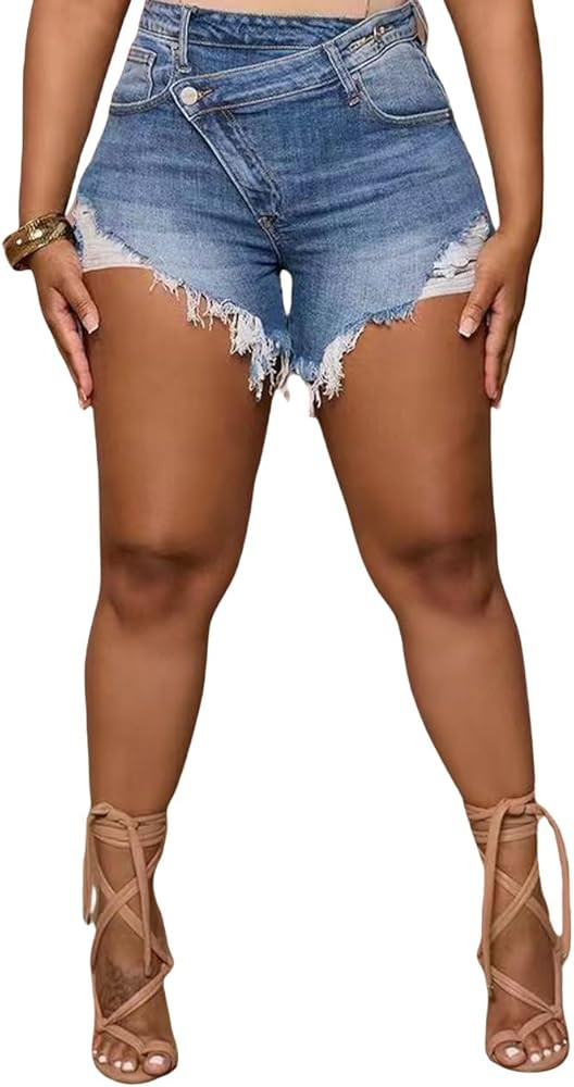 Women's Casual Asymmetrical Button Short Plus Size Raw Hem High Waisted Ripped Denim Shorts | Amazon (US)