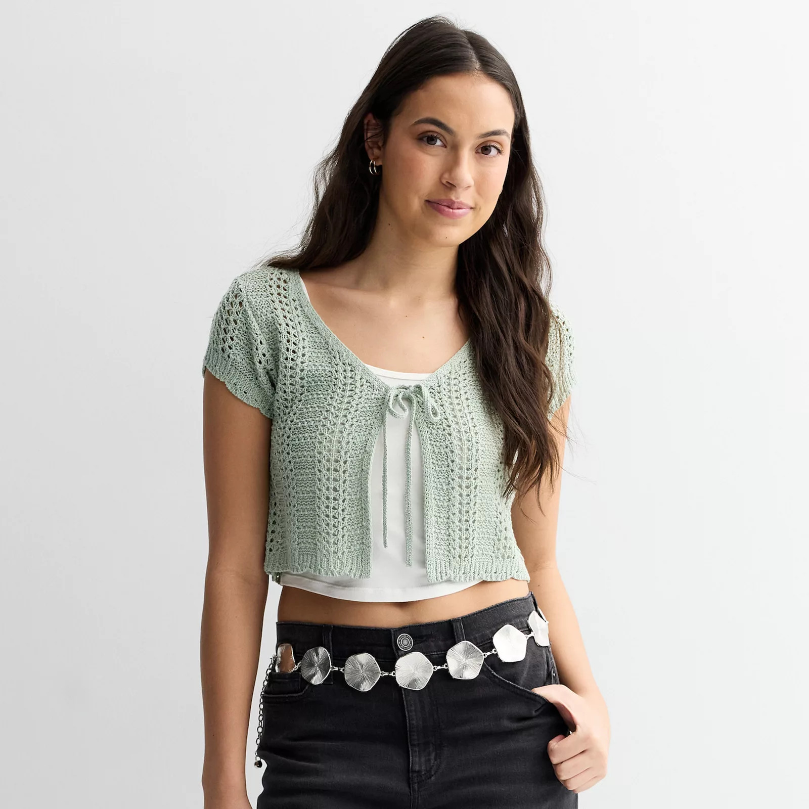 Juniors' Pink Rose Short Sleeve Front Tie Cardigan | Kohl's