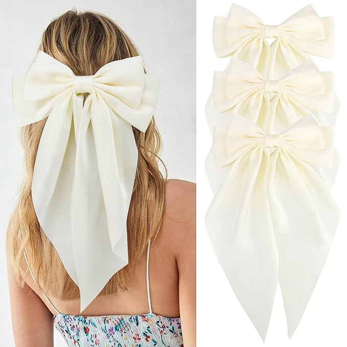 Velscrun 3Pcs Hair Bows for Women White Hair Bow Big Hair Bows Clips for Girls Silky Satin Large ... | Amazon (US)