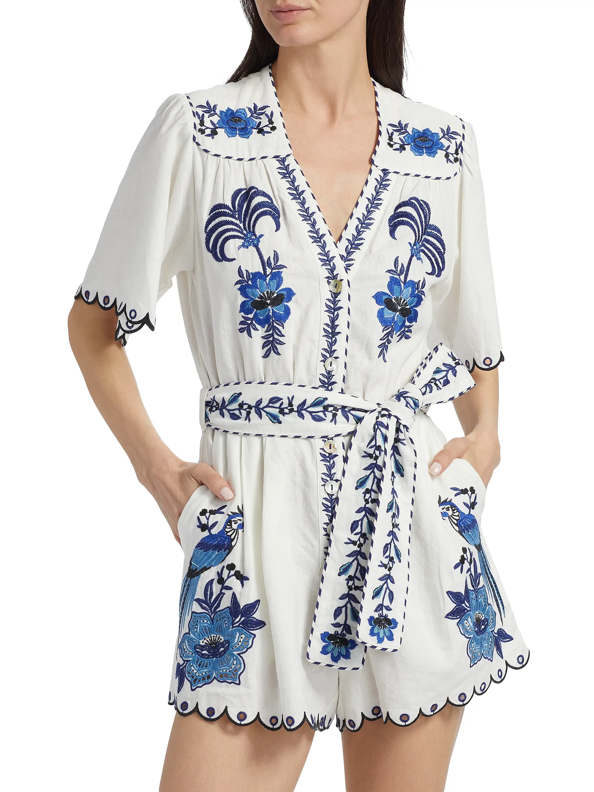 Delicate Forest Embroidered Linen-Blend Romper | Saks Fifth Avenue