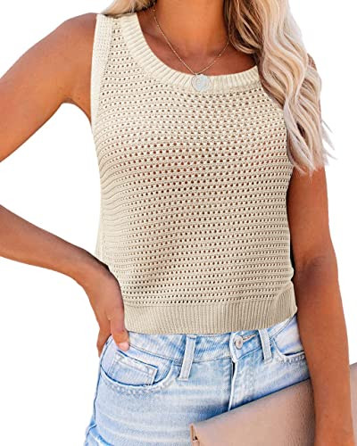 FISACE Womens Summer Knit Sweater Tank Tops Round Neck Crochet Hollow Out Sleeveless Casual Crop Shirt Beige | Amazon (US)