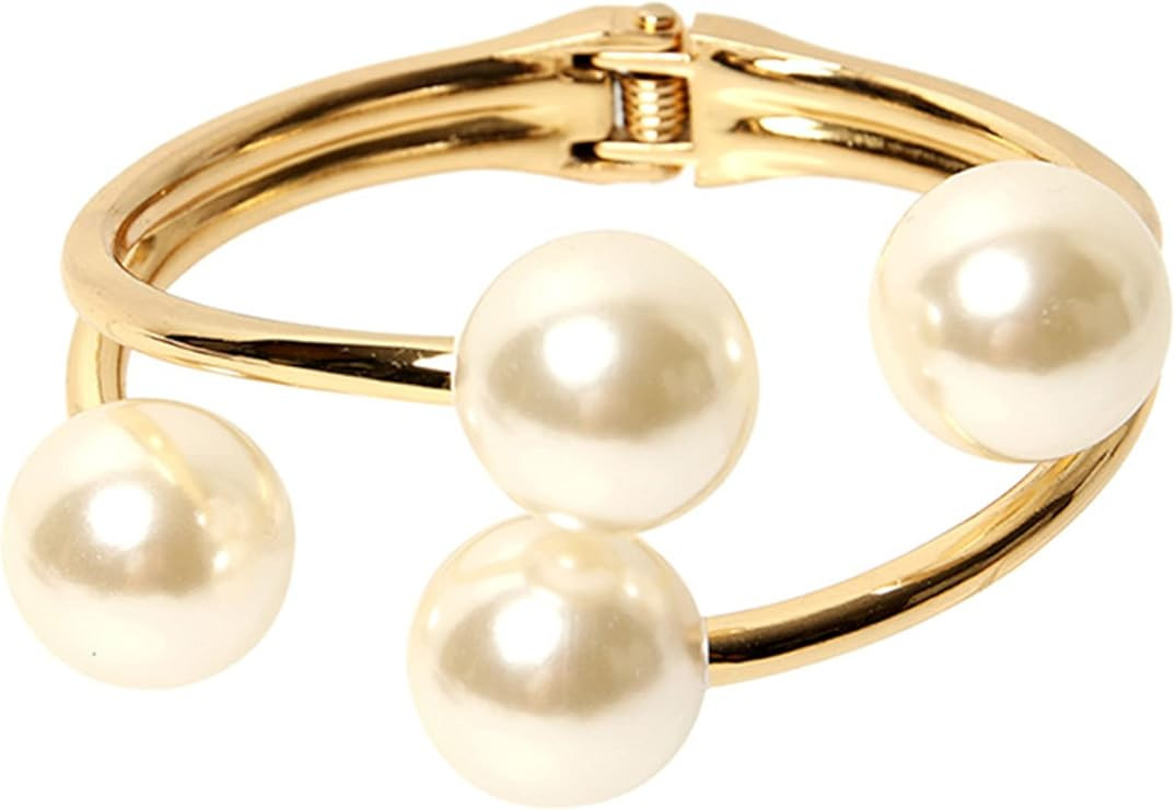 Double layered Pearl Bracelet for Women 14K Gold Plated Chunky Bracelet Opened Bangle Bracelets A... | Amazon (US)