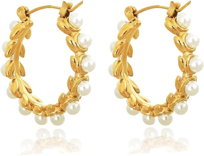NIVANA 14k Gold Plated 925 Sterling Silver Pearl Hoop Earrings For Women, Chunky Hoop Earrings, P... | Amazon (US)