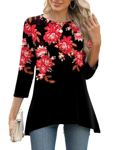 LOMON Tunic Tops 3/4 Length Sleeve Womens Tops Business Casual Spring Summer Shirts 2025 Ladies Blouses for Leggings Red Floral M | Amazon (US)