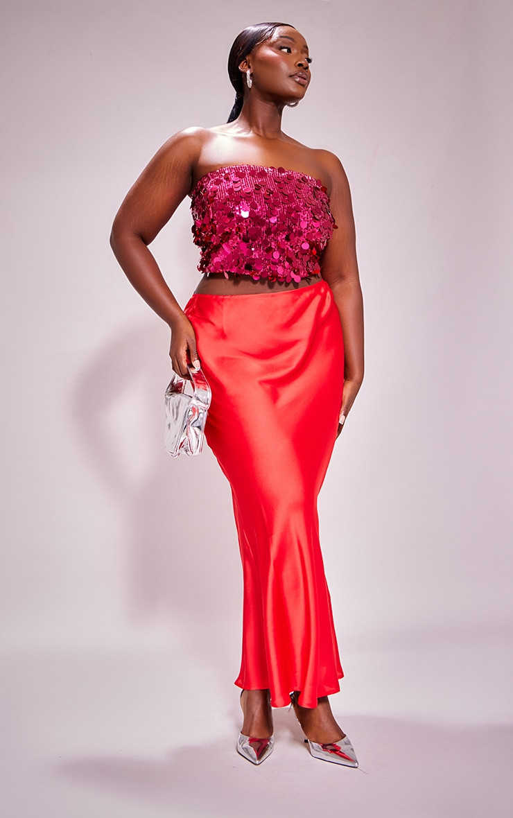 Plus Red Satin Basic Maxi Skirt | PrettyLittleThing US