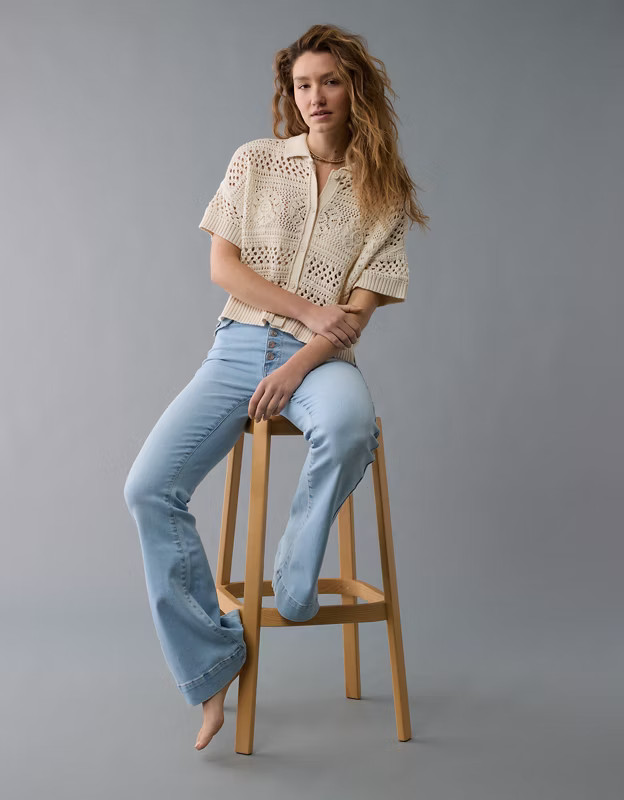 AE Crochet Button-Up Sweater Polo Shirt | American Eagle Outfitters (US & CA)