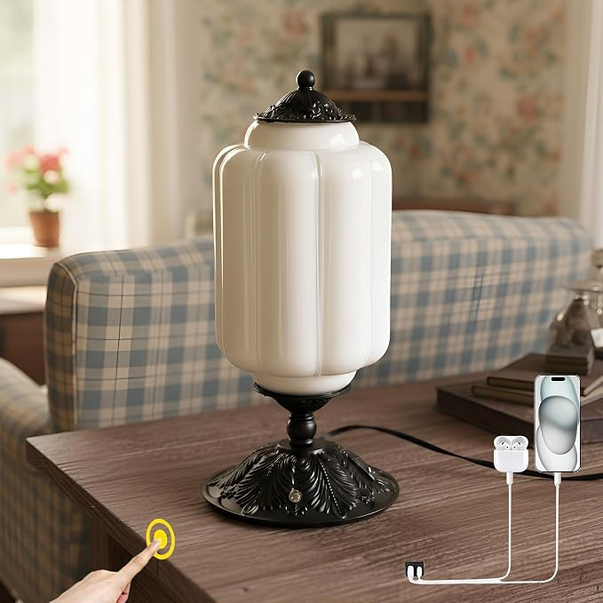 Vintage Touch Bedside Table Lamp, Elegant Green Glass Bedside Desk Lamp 3 Way Dimmable with USB C... | Amazon (US)
