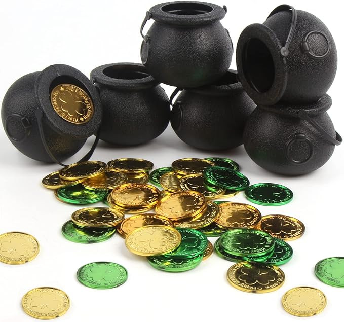 FOIMAS Mini Black Cauldron,6pcs Plastic Candy Kettle with 72pcs Shamrock Coins for St Patrick's D... | Amazon (US)