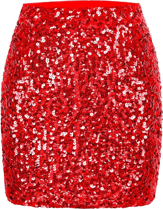 Amazon.com: MANER Women's Sequin Skirt Sparkle Stretchy Bodycon Mini Skirts Night Out Party (Red,... | Amazon (US)