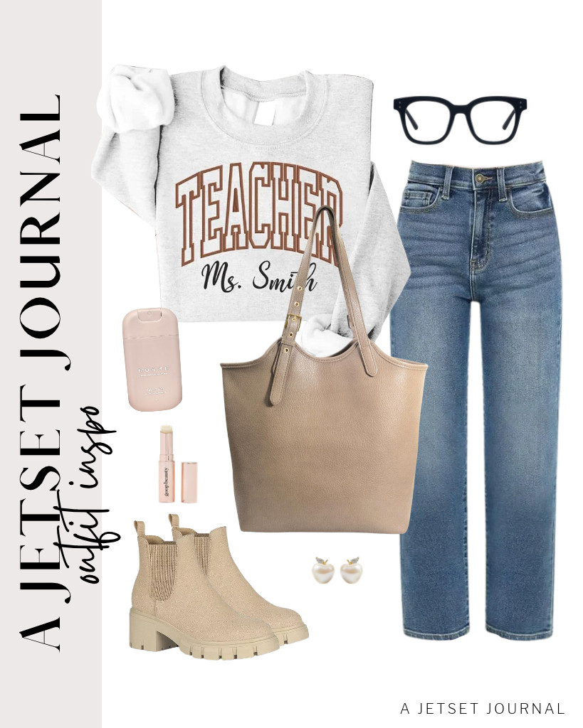 This teacher sweatshirt plus KDF straight-leg jeans combo is another casual teacher outfit you’ll love. Style it with Chelsea ankle boots and a HOXIS tote bag for an easy workwear look. These blue light-blocking glasses add a stylish finishing touch to this comfortable everyday outfit. 

 #LTKSeasonal #LTKSaleAlert #LTKTravel
