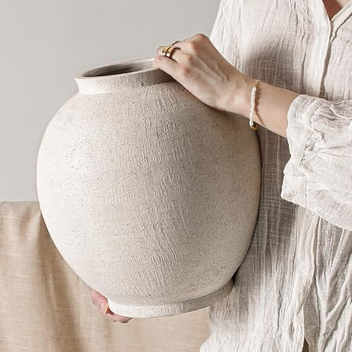 White Ceramic Vase - Large 12.5 Inch Round Floor Vase for Centerpieces, Farmhouse Rustic Minimalist Home Decor (Sandstone White) | Amazon (US)