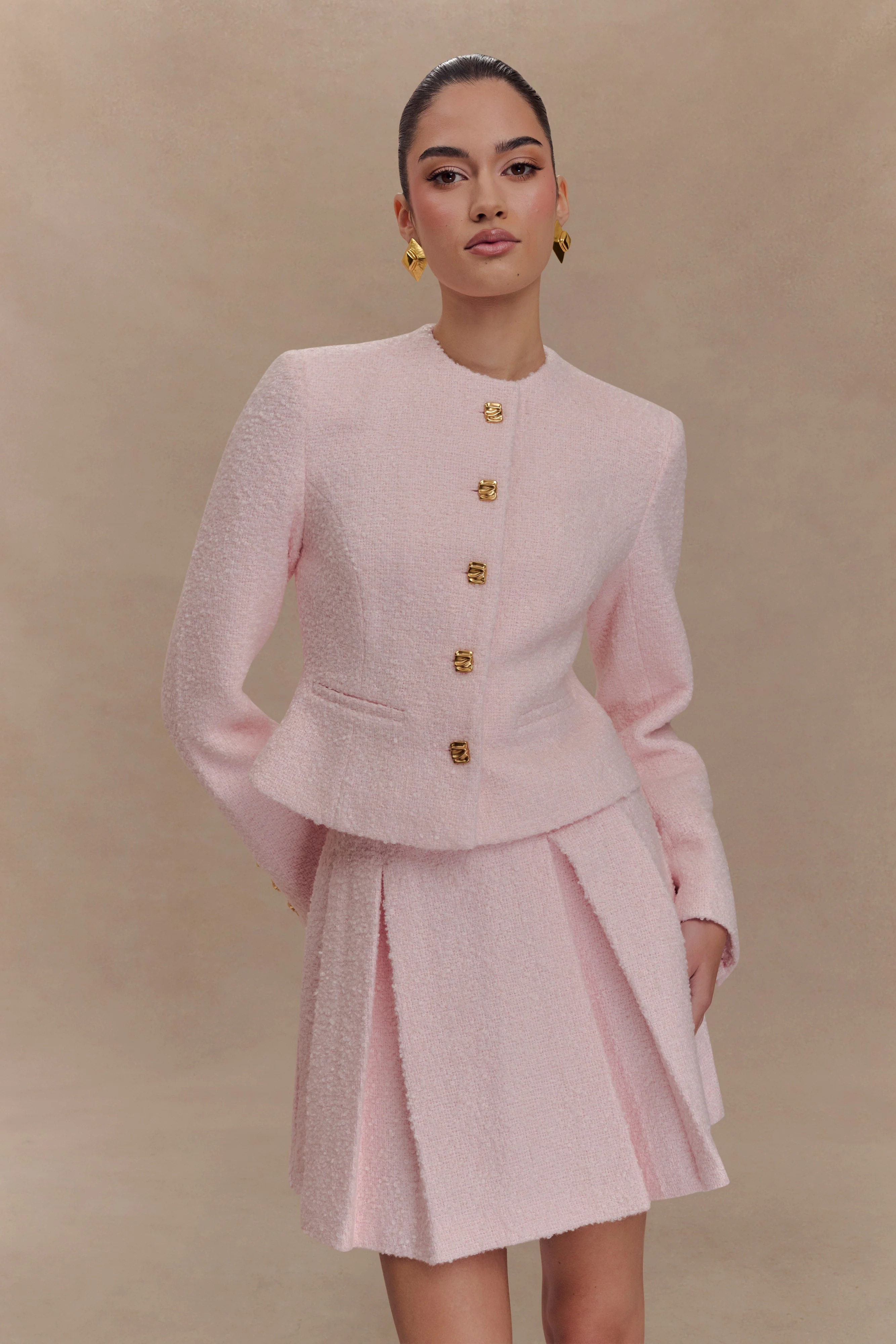 Cleo Boucle Mini Skirt - Powder Pink | Meshki UK