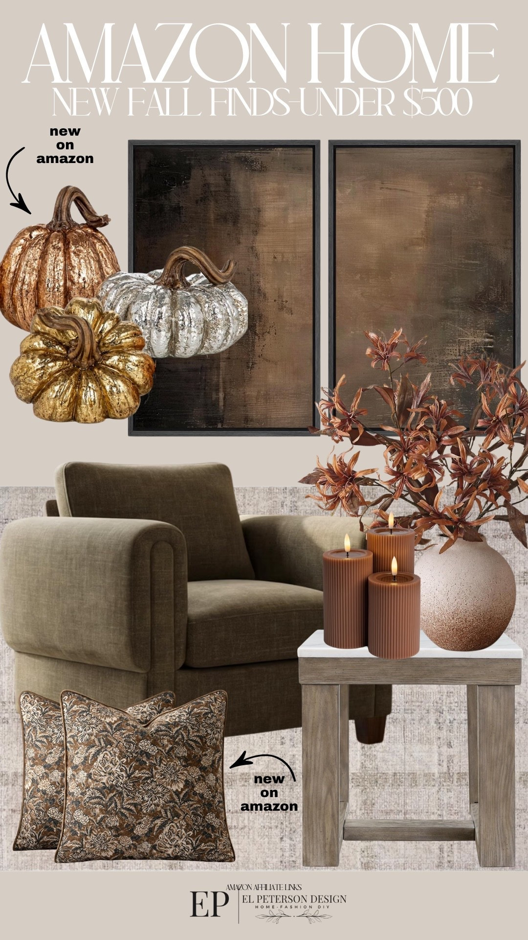 Amazon
Accent chair
Side table
Stems
Candles
Rug
Artwork
Pumpkins

#LTKHome