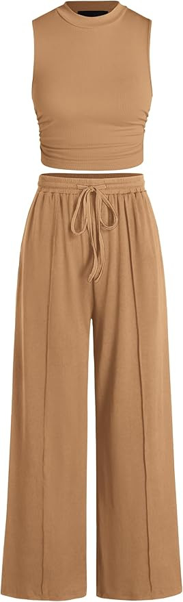 BTFBM Women Summer 2 Piece Outfits Ribbed Knit Crew Neck Sleeveless Cropped Top Elastic Waist Wid... | Amazon (US)