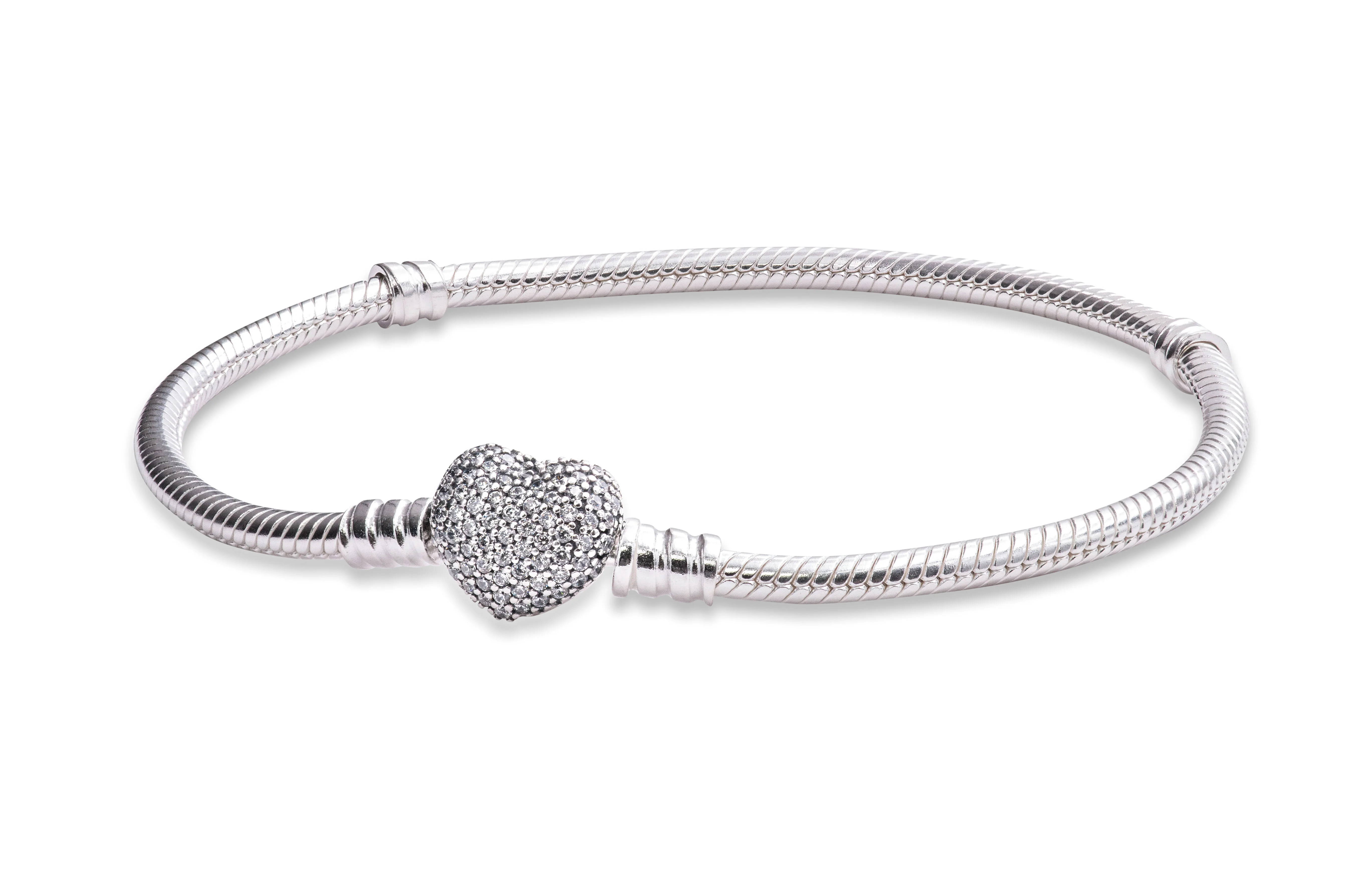 PANDORA Moments Silver Bracelet with Pave Heart Clasp - | Shop Simon