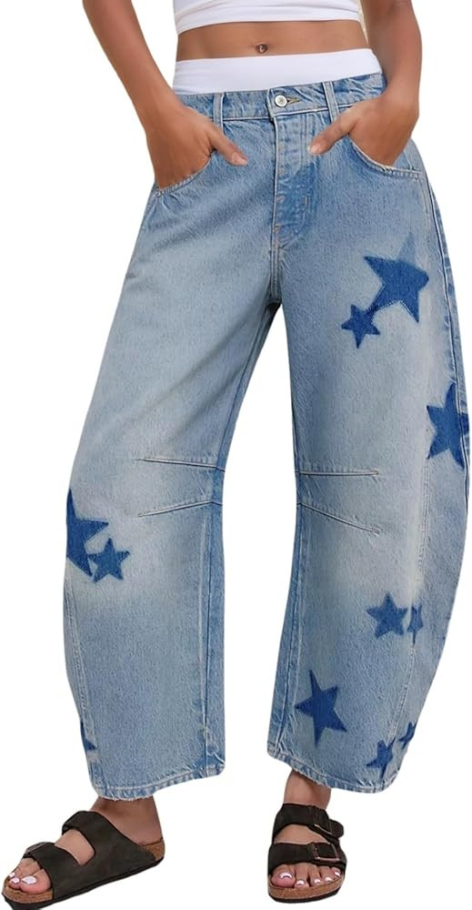 Star Barrel Jeans Women Elastic Mid Rise Wide Leg Jeans Loose Baggy Printed Boyfriend Denim Pants | Amazon (US)