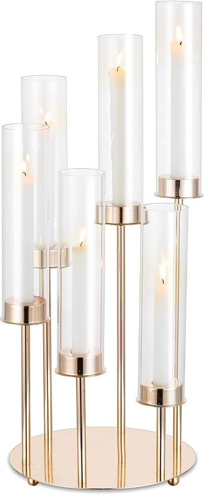 NUPTIO Hurricane Glass Candle Holders: 6 Arm Gold Metal Candlestick Candelabra with Removable Cle... | Amazon (US)