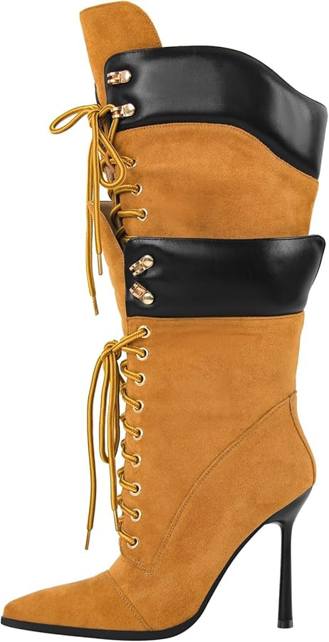 Richealnana Women's Double Lace Pointed Toe Stilettos Straps Up Strappy Knee High Boots | Amazon (US)
