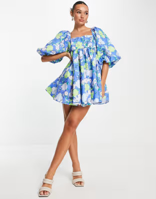 ASOS EDITION puff sleeve empire mini dress in abstract blue floral print | ASOS (Global)