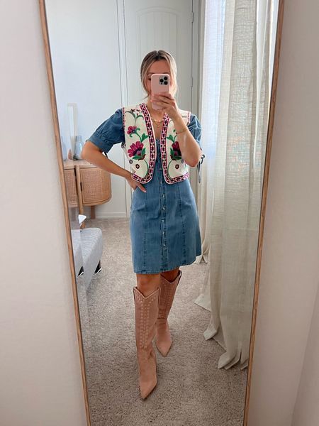 The pink embroidered Amazon vest arrived 😍 I think I love it more than the blue! Wearied size xs. Sharing a similar button down dress. My exact pink suede stitched detail western boots in size 6! 

Pearl necklace and pink ribbon for a coquette vibe 🎀 

Vest outfit 
Spring outfit 
Western fashion 
Denim looks 


#LTKStyleTip #LTKShoeCrush #LTKSeasonal