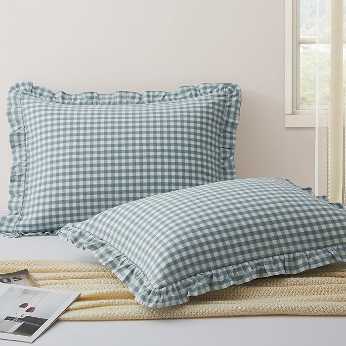 KKJIAF 2 Pcs Plaid Ruffle Pillow Case Standard Size, Cotton Gingham Ruffled Euro Sham Pillow Cove... | Amazon (US)