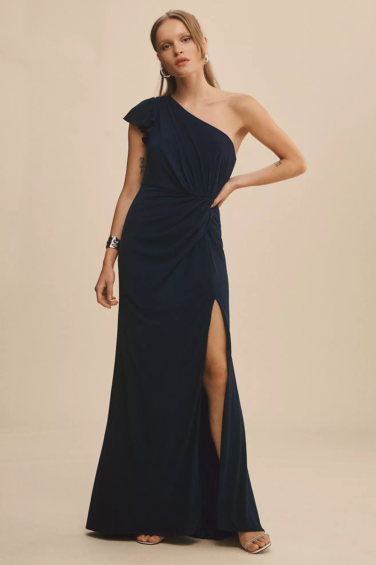 Mac Duggal Ruffled One-Shoulder Draped Column Gown | Anthropologie (US)