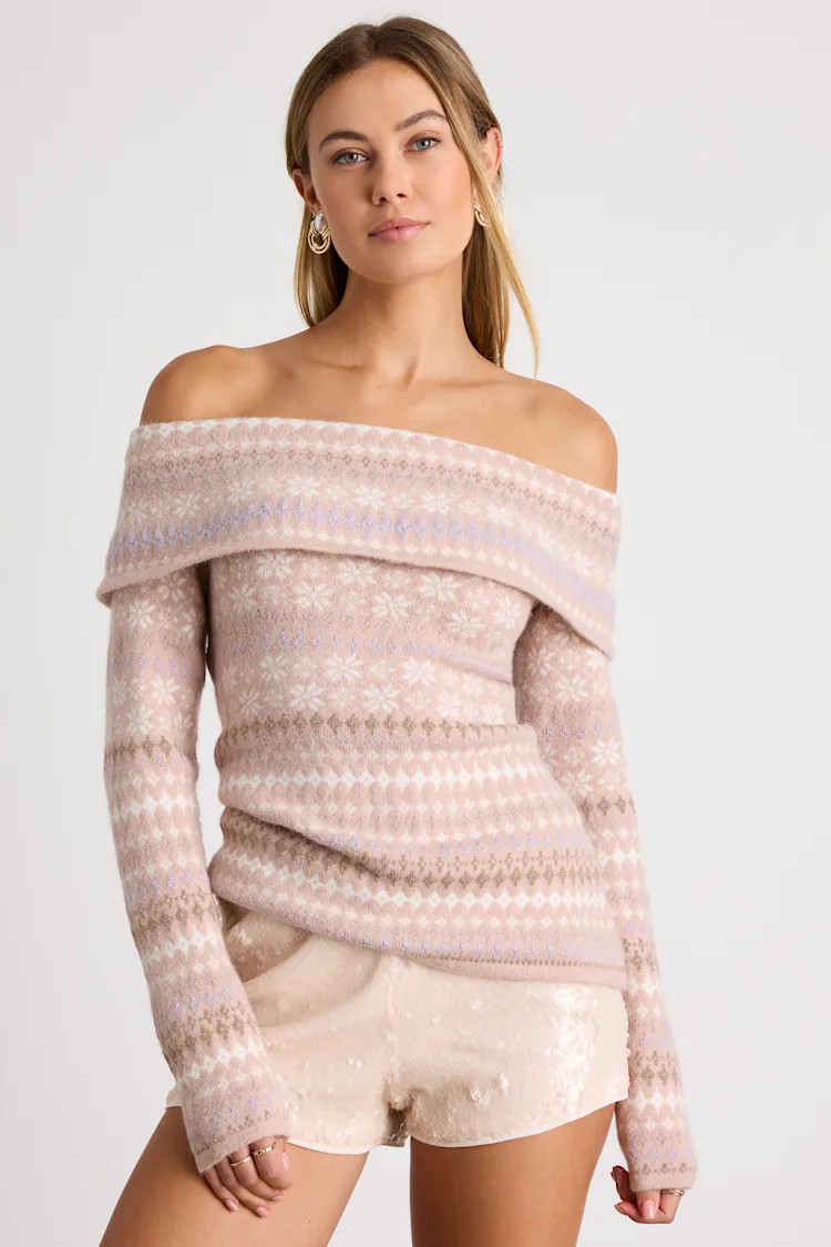 Edine Blush Fair Isle Off-the-Shoulder Sweater Top | Lulus