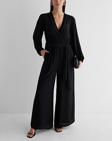 V-Neck Surplice Tie Waist Wide Leg Jumpsuit | Express