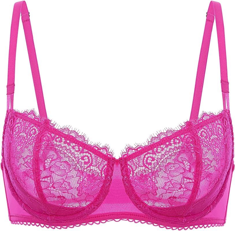 DOBREVA Women's Sexy Lace Push Up Plus Size Bra Sheer Balconette Underwire Unlined | Amazon (US)
