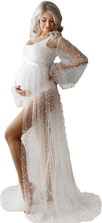yinyyinhs Womens Pearl Maternity Dress for Photoshoot Long Puffy Sleeves Tulle Wedding Robe Beade... | Amazon (US)