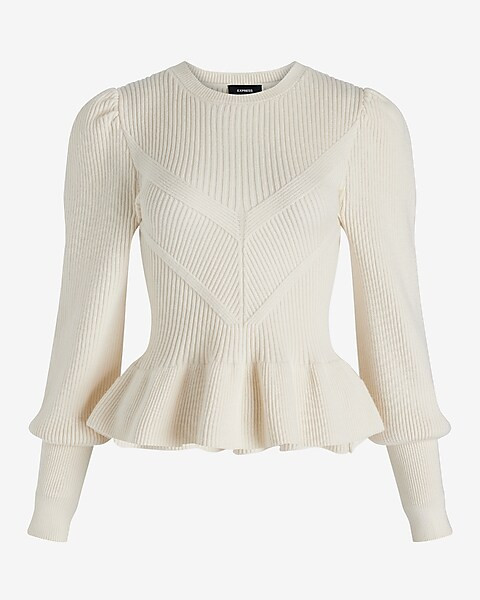 Ribbed Crew Neck Puff Sleeve Peplum Sweater | Express
