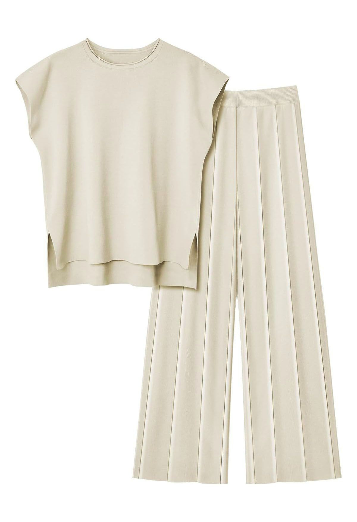 Daily Comfort Sleeveless Top and Straight-Leg Pants Set in Oatmeal | Chicwish