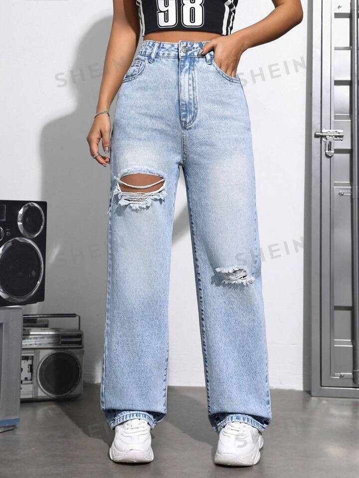 SHEIN ICON Women'S High Waist Distressed Straight Leg Jeans With Washed Effect | SHEIN