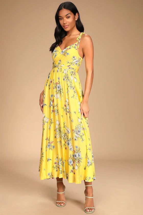 Meadow Flowers Yellow Multi Floral Print Tie-Shoulder Maxi Dress | Lulus (US)